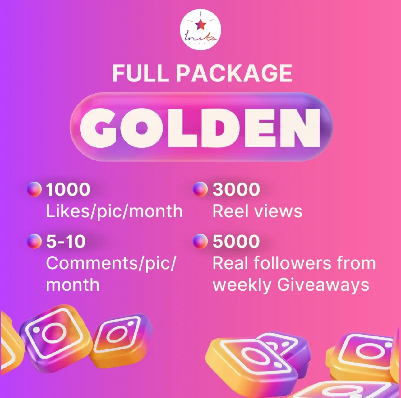 Buy 1000 Likes, 3000 Views, 5000 Instagram Followers, 10 Comments - GOLDEN Package